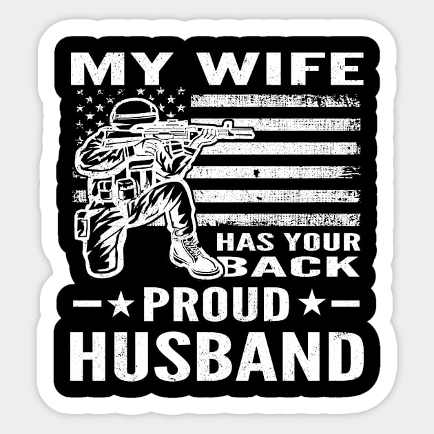 Distressed My wife Has Your Back Proud Husband Military Sticker by CoffeeandTeas